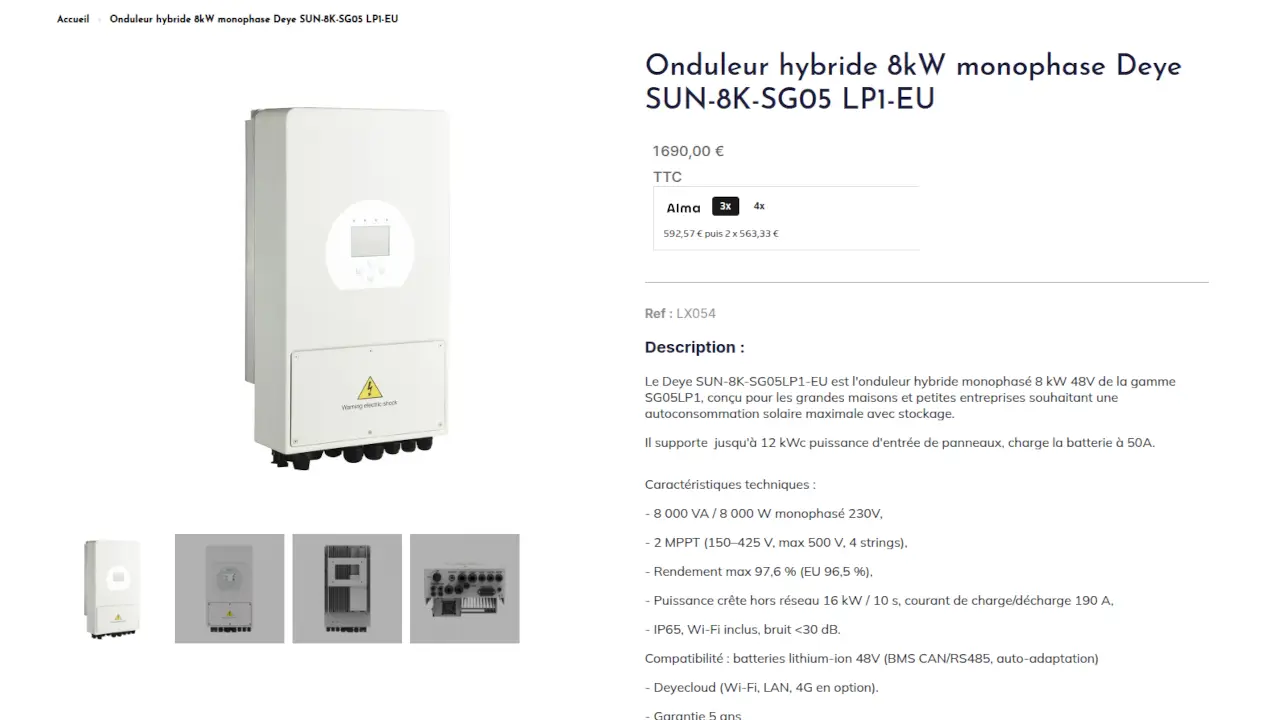 Image Onduleur hybride 8kW monophase Deye SUN-8K-SG05 LP1-EU