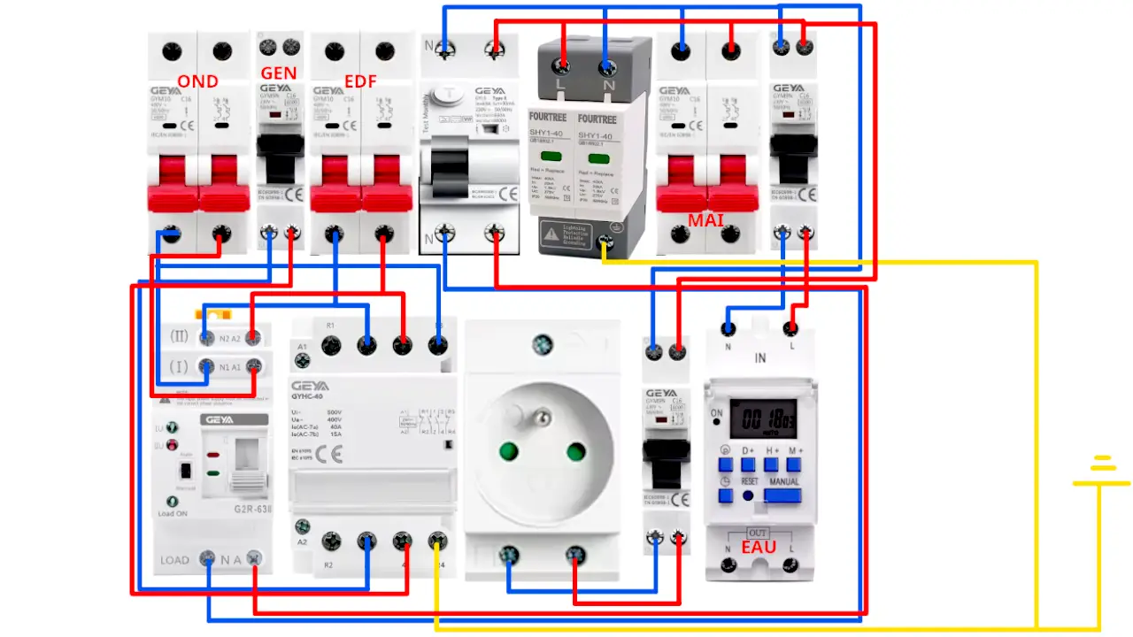 Image Schéma électrique complet coffret AC système solaire 8kW Deye ATS contacteur parafoudre
