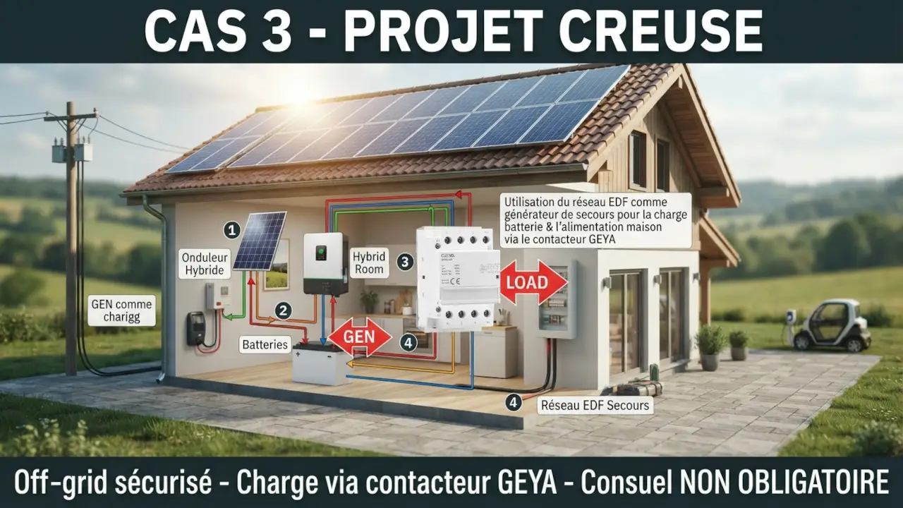 Projet Creuse Deye off-grid sécurisé contacteur GEYA batterie DIY Consuel non obligatoire