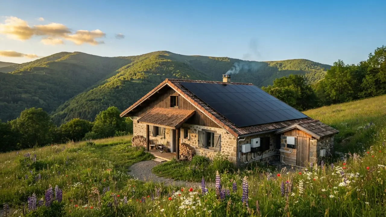 Installateur solaire autonome : chalet isolé équipé de panneaux solaires et d'un système autonome