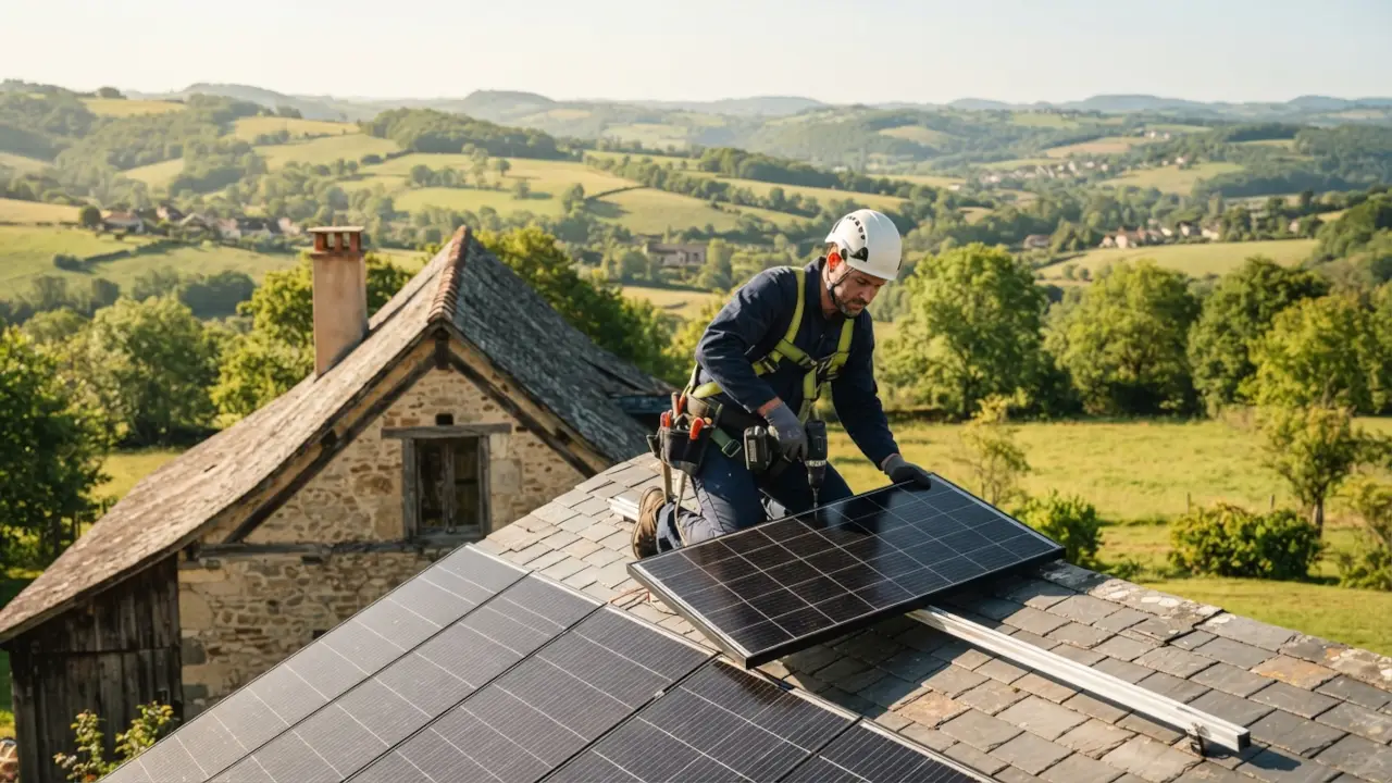 Installateur solaire autonome professionnel en train de poser des panneaux solaires sur un toit