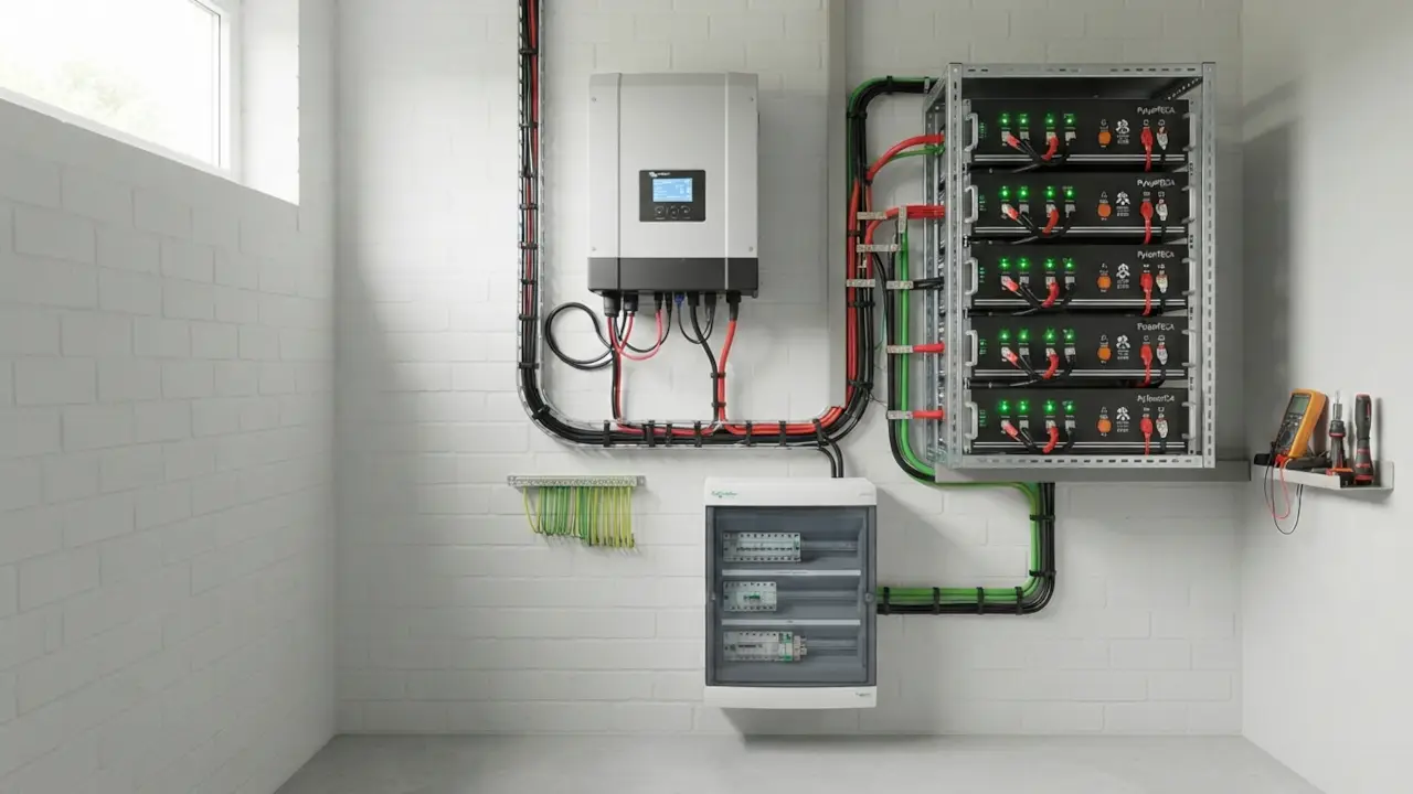 Installateur solaire autonome installant des panneaux photovoltaïques et des batteries LiFePO4 sur un site isolé