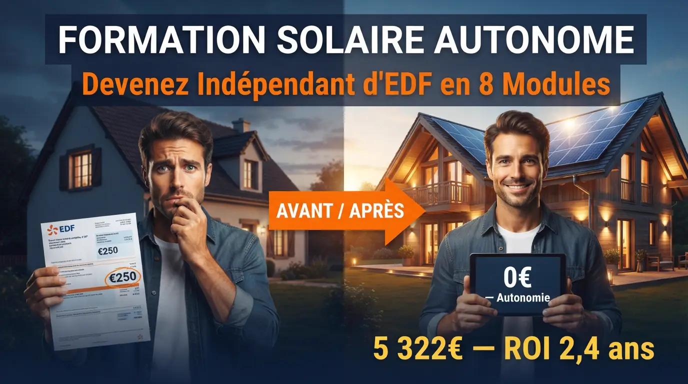 Formation solaire autonome 16/9 — Comparaison avant/après : facture EDF de 250€ contre 0€ grâce à l'autonomie solaire avec onduleur Deye et batteries LiFePO4.