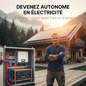 Formation solaire autonome Chalet-Éco — homme devant son chalet avec panneaux solaires et onduleur Deye, production d'électricité hors réseau