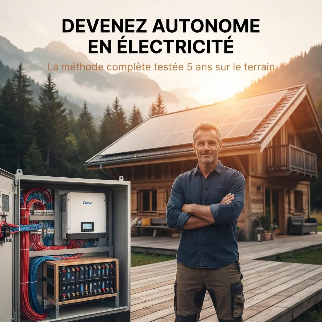 Formation solaire autonome Chalet-Éco — homme devant son chalet avec panneaux solaires et onduleur Deye, production d'électricité hors réseau
