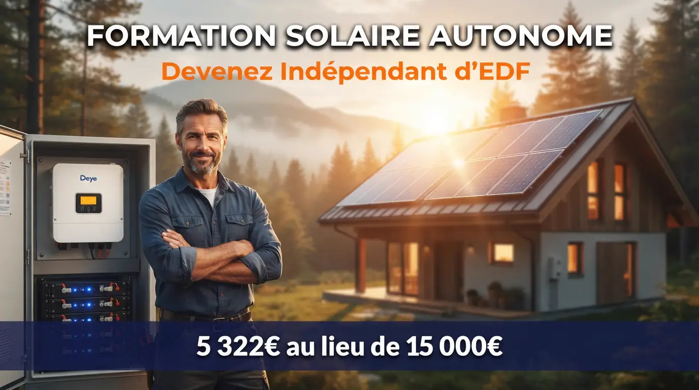 Formation solaire autonome 16/9 — Homme devant son chalet avec panneaux solaires, onduleur Deye et batteries LiFePO4. Devenez indépendant d'EDF pour 5 322€.