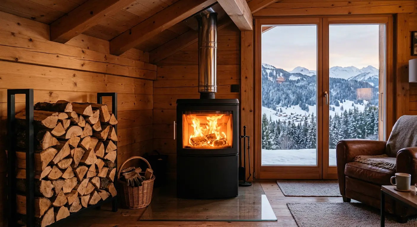 Poêle à bois Flamme Verte 7* installé dans un chalet autonome, conduit inox, plaque de protection verre trempé