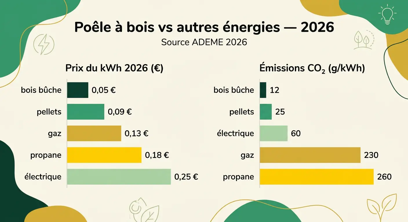 Comparatif du prix du kWh et des émissions de CO₂ entre le bois bûche (poêle Flamme Verte 7*), l'électricité réseau, le gaz naturel, le propane et les pellets en 2026 pour chalet autonome