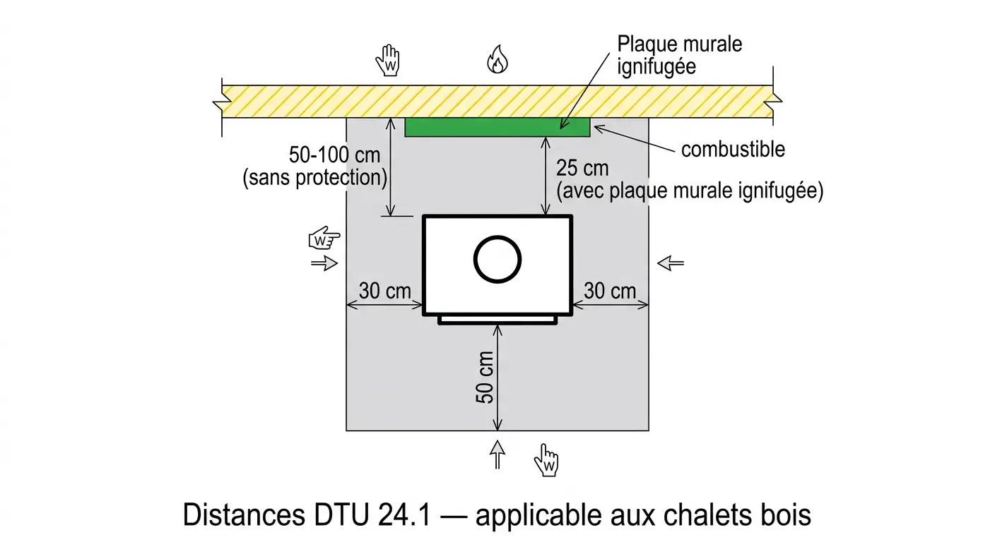 Schéma des distances de sécurité DTU 24.1 pour poêle à bois : 50 cm de plaque de sol devant le foyer, 30 cm sur les côtés, distance mur combustible selon plaque signalétique du fabricant réduite à 25 cm avec plaque murale ignifugée