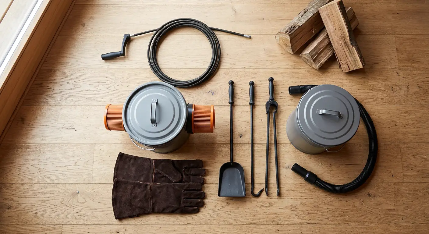 Kit d'accessoires d'entretien pour poêle à bois : hérisson de ramonage nylon, aspirateur à cendres froides, gants haute température en cuir ignifugé, pelle et tisonnier en fonte, seau à cendres métallique avec couvercle