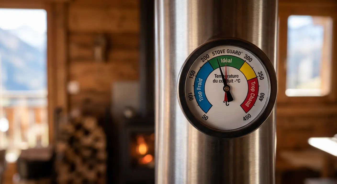 Thermomètre magnétique pour conduit de poêle à bois affichant la température idéale entre 150 et 300 °C pour optimiser le tirage et éviter l'encrassement goudronneux du conduit