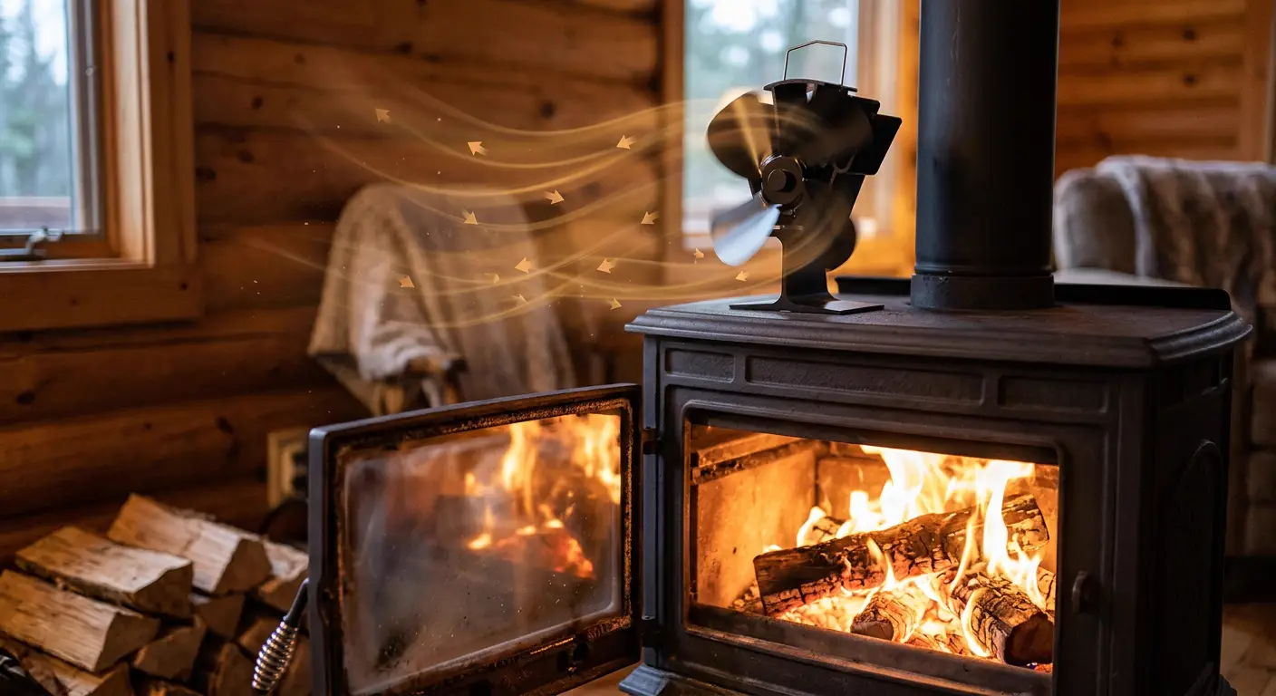 Ventilateur thermoélectrique automatique pour poêle à bois fonctionnant sans électricité grâce à l'effet Seebeck (module Peltier), démarre seul à 80 °C et brasse l'air chaud vers le centre de la pièce pour autonomie totale