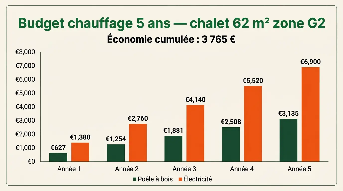 Graphique comparatif du budget chauffage annuel sur 5 ans dans un chalet de 62 m² : poêle à bois à 627 €/an vs électricité à 1 380 €/an, soit une économie cumulée de 3 765 € sur 5 ans