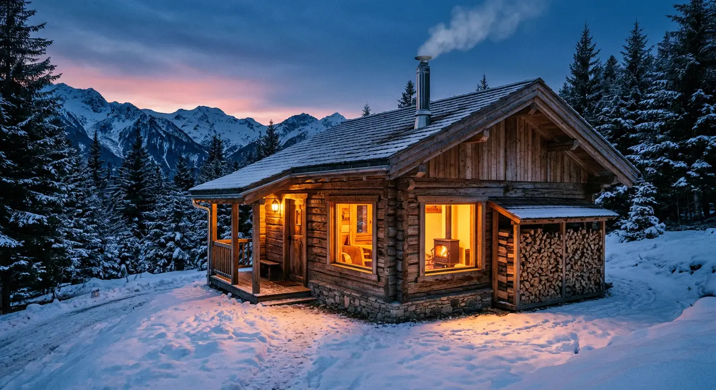 Chalet autonome en bois au crépuscule avec fumée de poêle à bois s'échappant de la cheminée inox, fenêtres illuminées d'une lumière dorée chaude, tas de bûches empilées contre le mur latéral sous un abri, paysage enneigé environnant et ciel teinté rose et orange du coucher de soleil