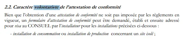 Texte officiel du Règlement d'intervention du CONSUEL (Bulletin Officiel n° 43, 2011) — Article 2.2 : l'attestation de conformité est volontaire pour une installation de production concernant un site isolé