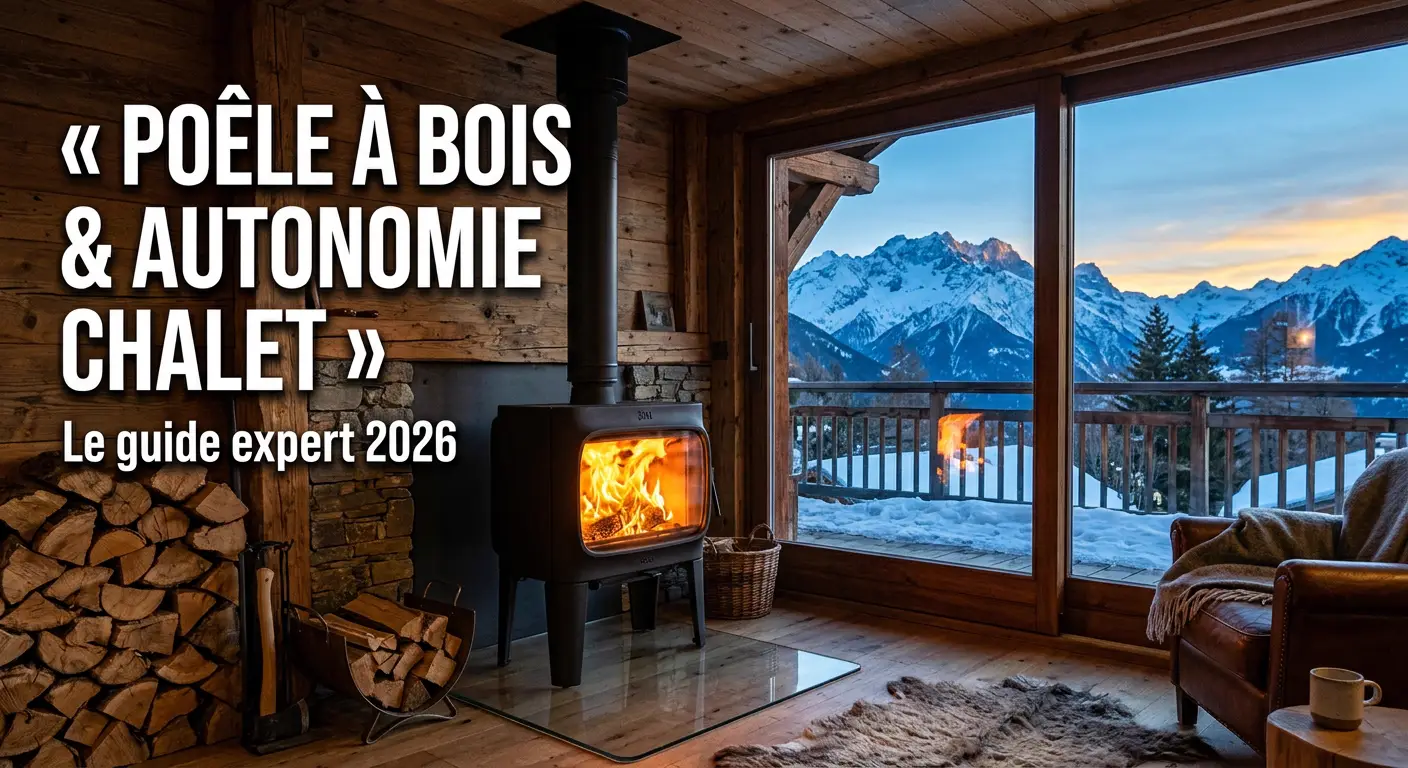 Poêle à bois Flamme Verte 7* installé dans un chalet autonome avec conduit inox double paroi, plaque de protection sol en verre trempé, tas de bûches empilées et vue sur paysage enneigé par la baie vitrée — Guide expert 2026 par Chalet-Éco