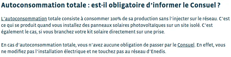 Texte explicatif : le Consuel n'est pas obligatoire en autoconsommation totale et sur un site isolé, car l'installation n'est pas raccordée au réseau Enedis