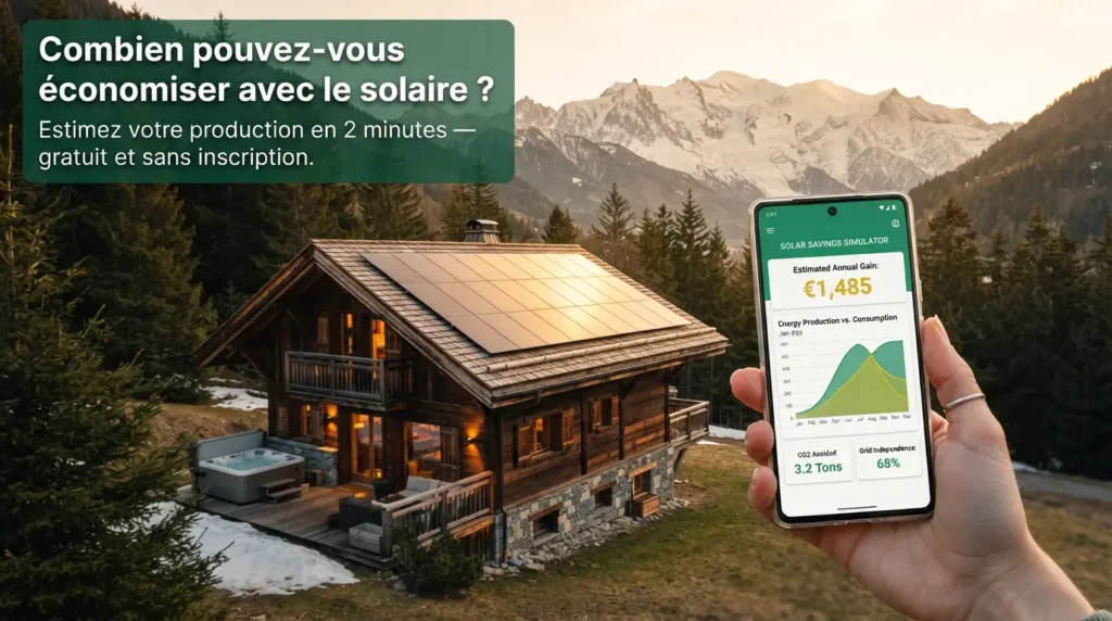 Chalet écologique dans les Alpes avec panneaux solaires sur le toit, smartphone affichant le simulateur d'économies solaires de Chalet-Éco : « Combien pouvez-vous économiser avec le solaire ? »