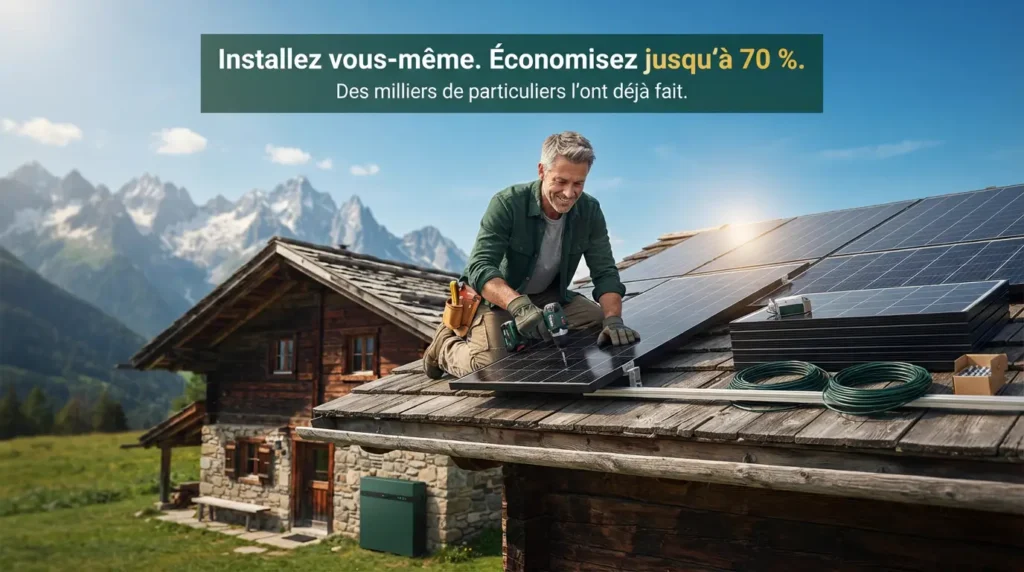 Homme installant des panneaux solaires sur le toit d'un chalet alpin en autonomie, illustration des tutoriels DIY de Chalet-Éco : « Installez vous-même. Économisez jusqu'à 70 %. »