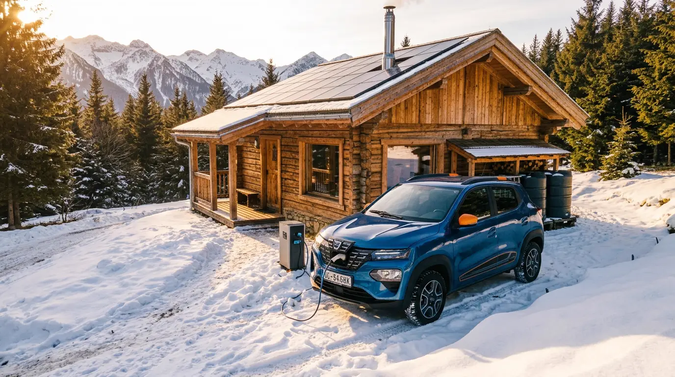 Chalet autonome Vue d'ensemble des 5 piliers de l'autonomie Chalet-Éco : électricité solaire avec panneaux et onduleur Deye, chauffage bois avec poêle à bois, récupération d'eau de pluie, isolation naturelle en fibre de bois, et mobilité solaire avec voiture électrique