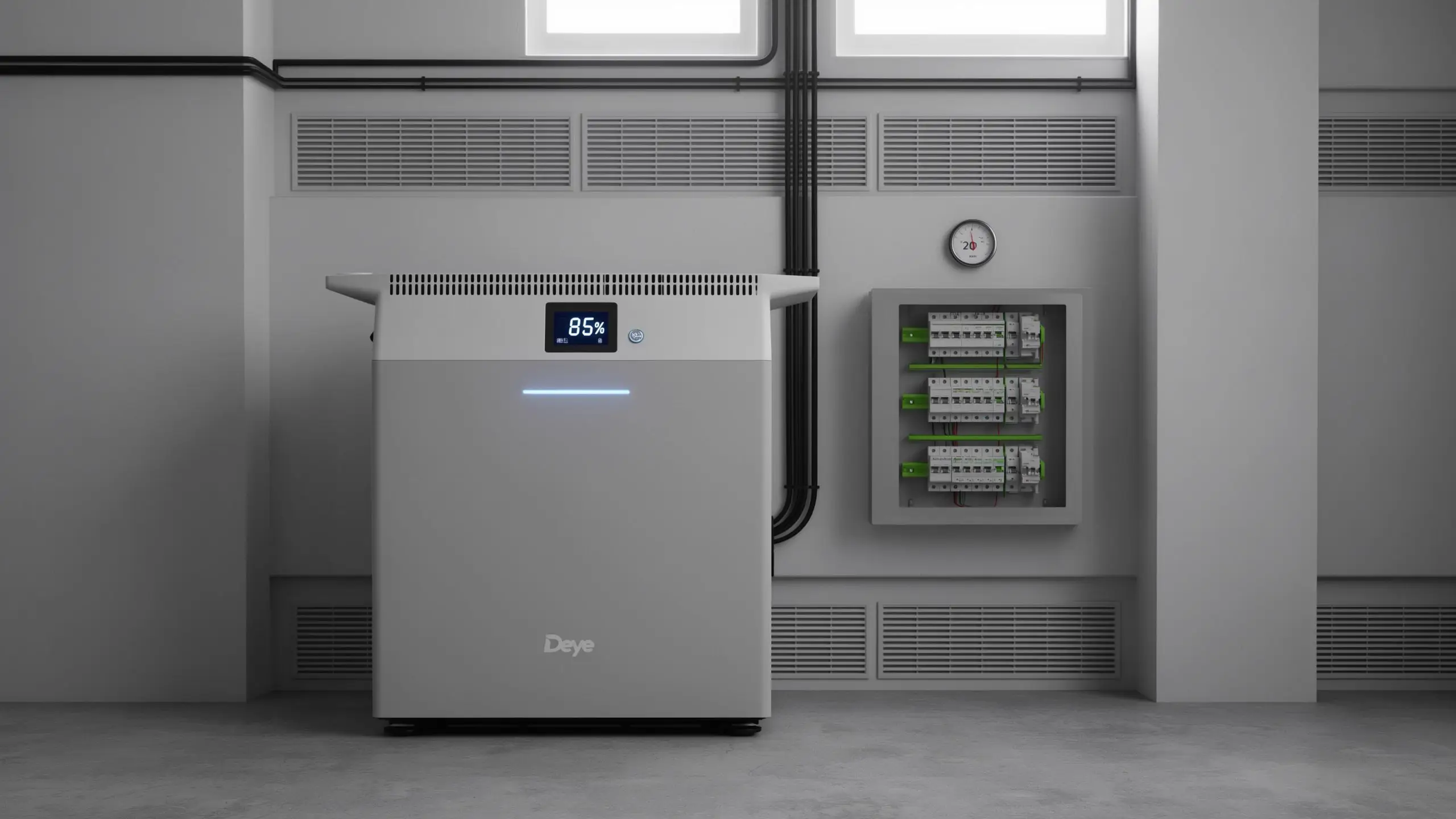 Batterie Deye AE-F2.0 installée dans un local technique, solution de stockage solaire résidentiel pour installation photovoltaïque