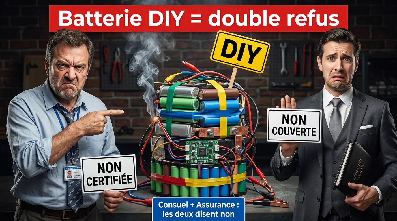 Batterie DIY non certifiée refusée par l'inspecteur du Consuel à gauche et par l'assureur à droite — Consuel et assurance disent non pour une batterie faite maison