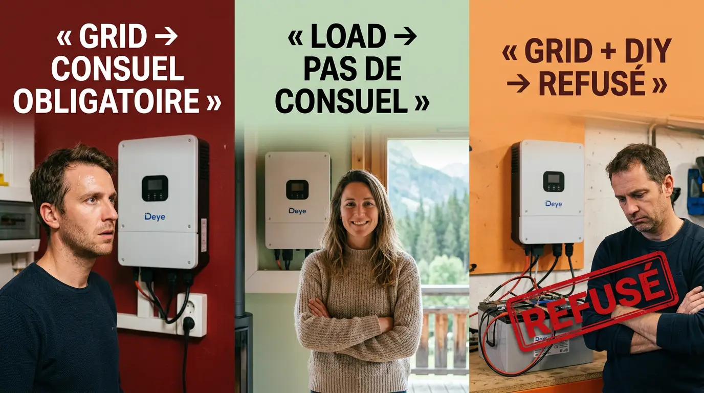 Les 3 cas du Consuel avec un onduleur Deye — Grid : Consuel obligatoire, Load en site isolé : pas de Consuel, Grid avec batterie DIY : refusé
