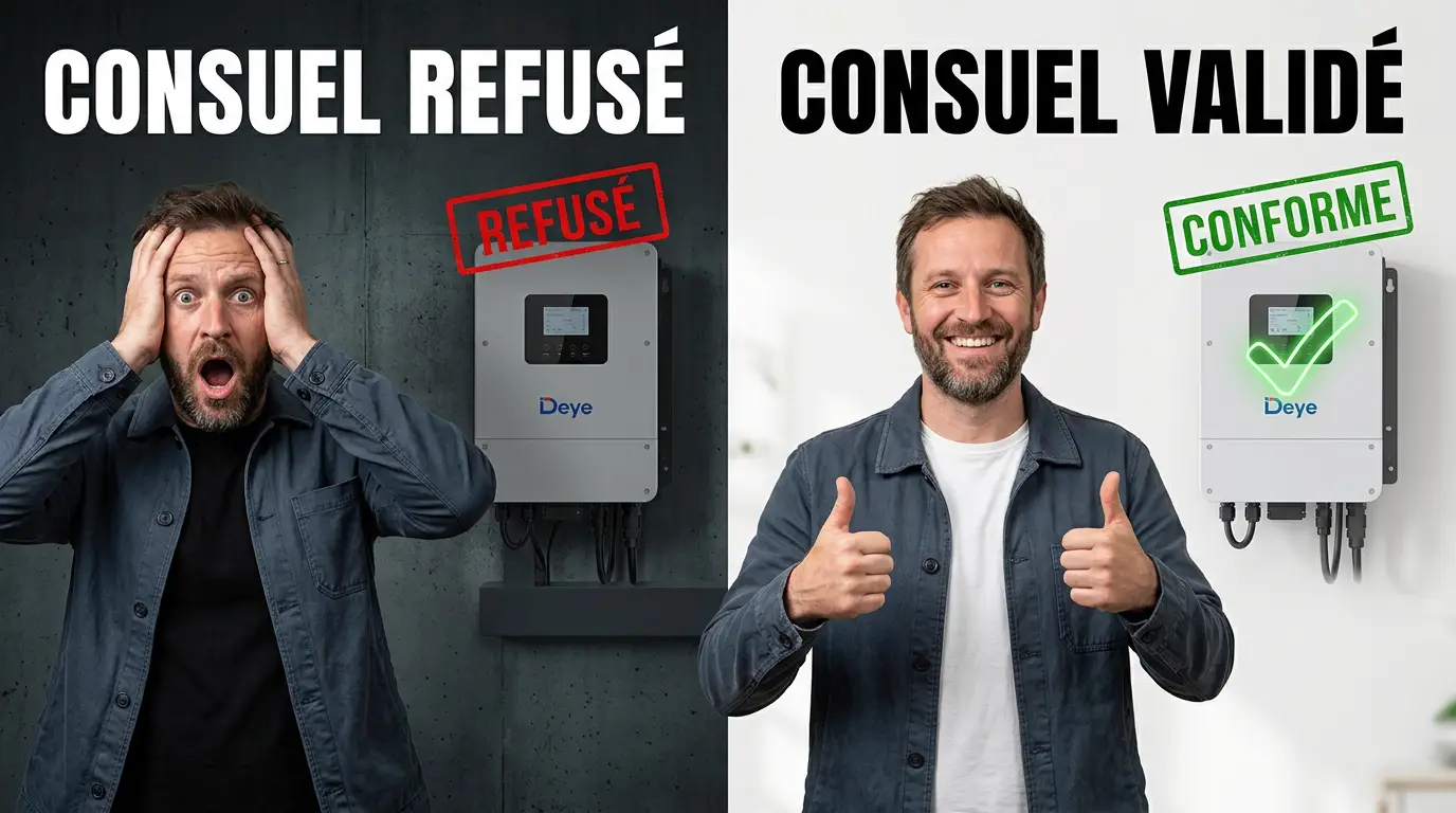Homme horrifié devant un Consuel refusé à gauche, homme souriant devant un Consuel validé à droite — Comparaison entre onduleur Deye branché sur le Grid et installation validée