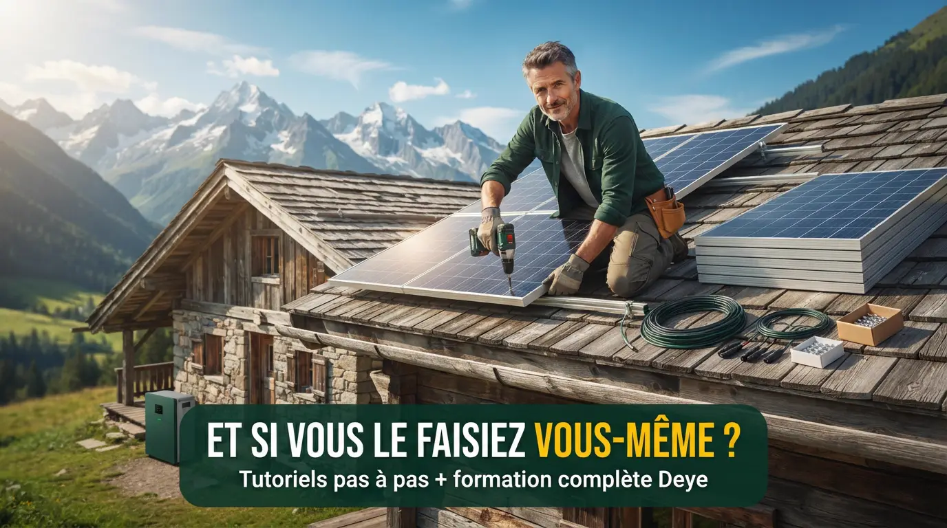 Rentabilité panneaux solaires 2026 : vue aérienne d'un toit de chalet équipé de panneaux solaires sous un soleil doré, avec le titre "Calculez votre ROI en 2 minutes"