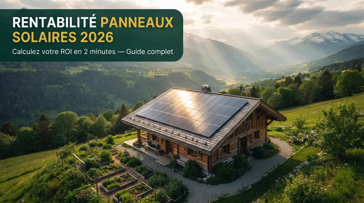 Rentabilité panneaux solaires 2026 : vue aérienne d'un toit de chalet équipé de panneaux solaires sous un soleil doré, avec le titre "Calculez votre ROI en 2 minutes"