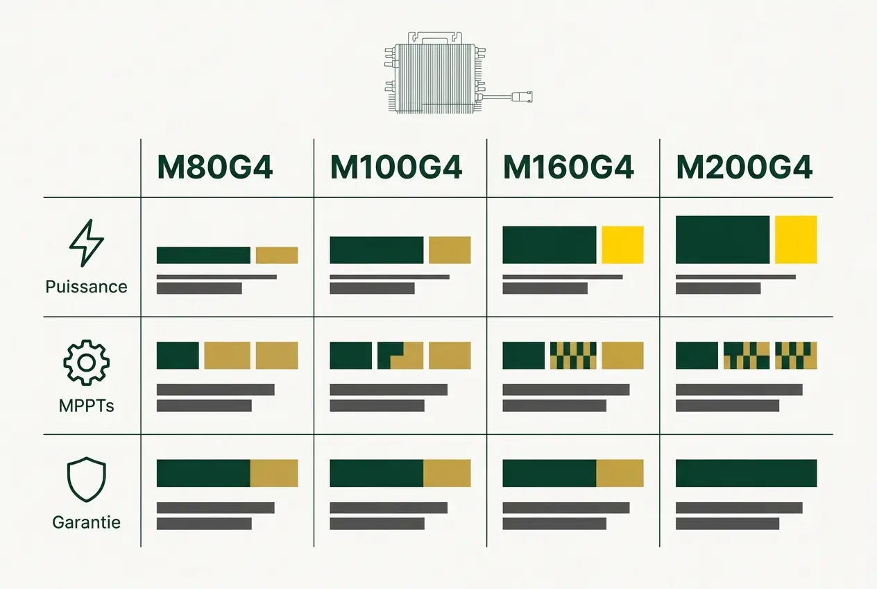 Tableau comparatif des micro-onduleurs Deye G4 Tableau comparatif des micro-onduleurs Deye G4 : puissance, MPPT et garantie des modèles M80G4, M100G4, M160G4 et M200G4